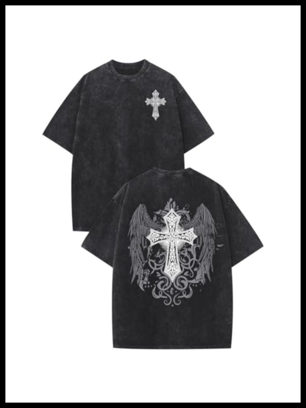 Men's Cotton Acid Wash Gothic Cross Graphic Tee Oversized Grunge
